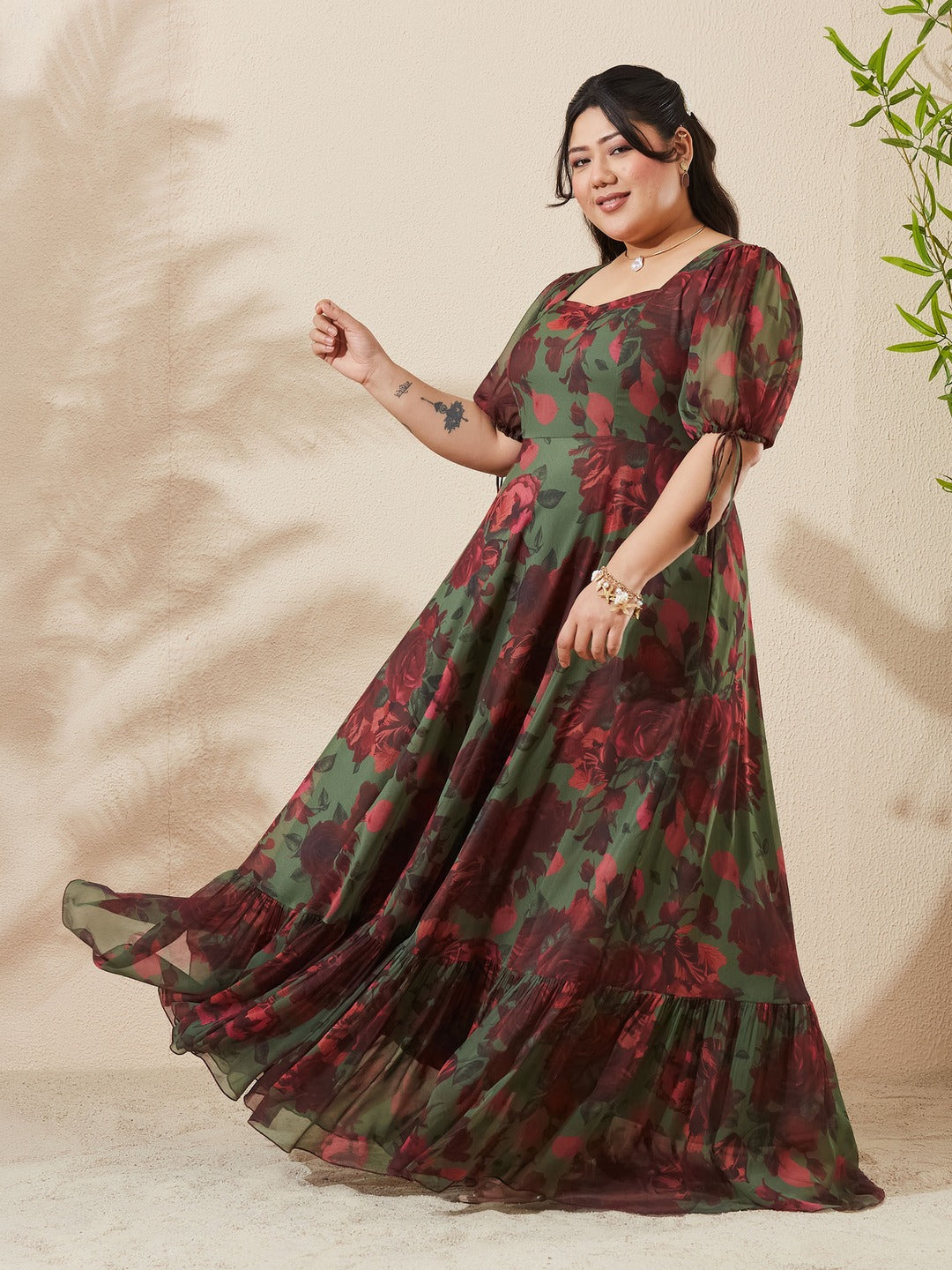 Olive And Wine Sweetheart Neck Puff Sleeve Floral Tiered Maxi Chiffon Dress for Women