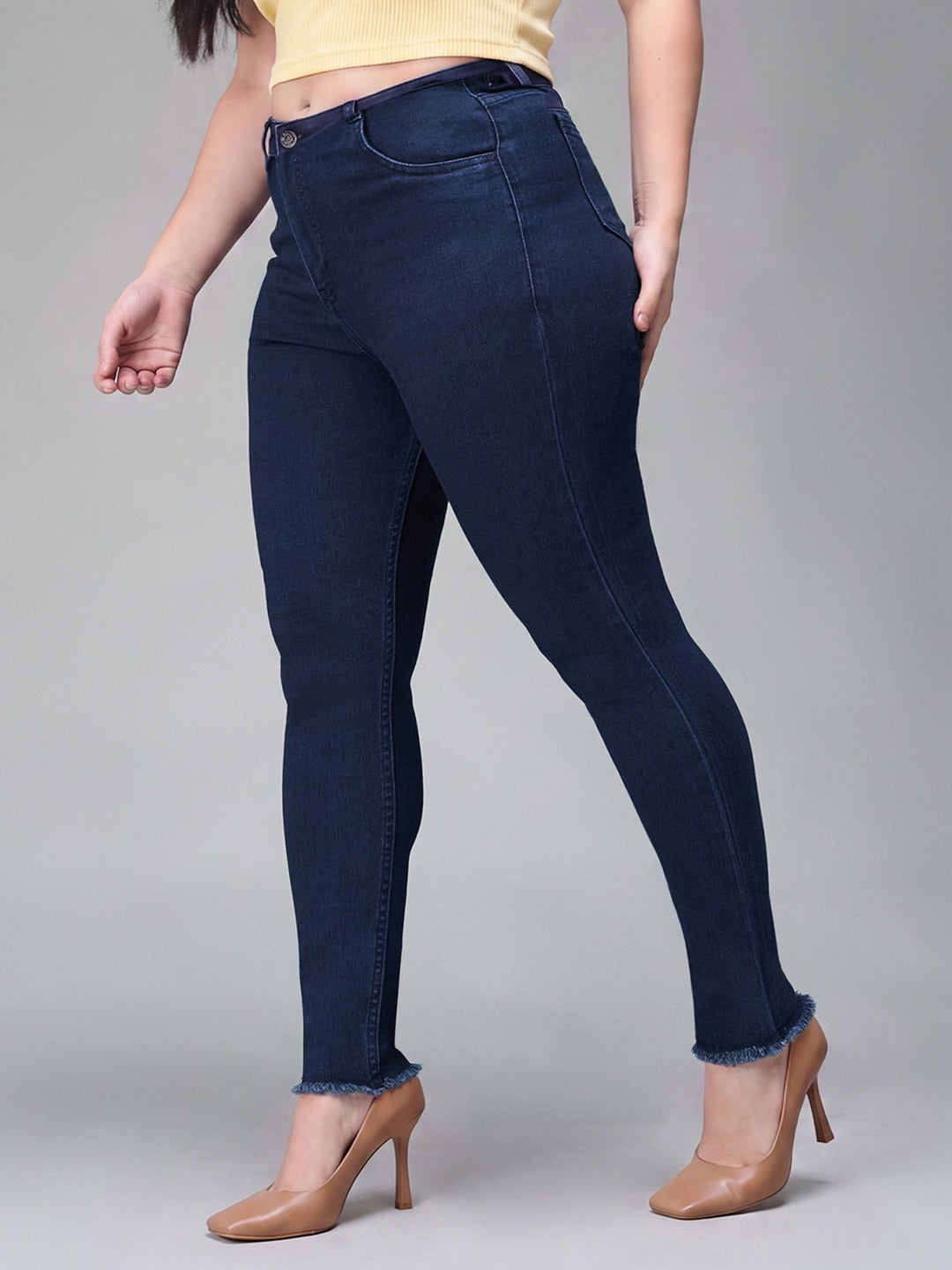 Navy Blue Skinny High Rise Solid Cropped Fringed Hemline Stretchable Denim Jeans for Women