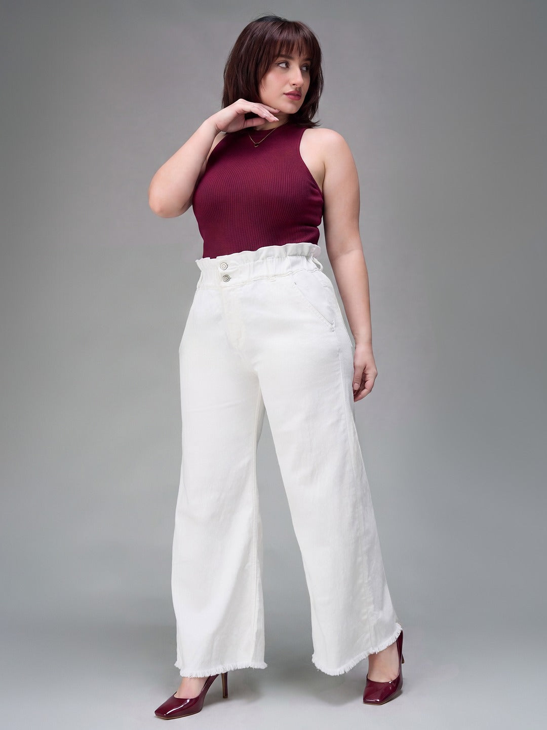 White Flared High Rise Ankle length Stretchable Denim Jeans for Women