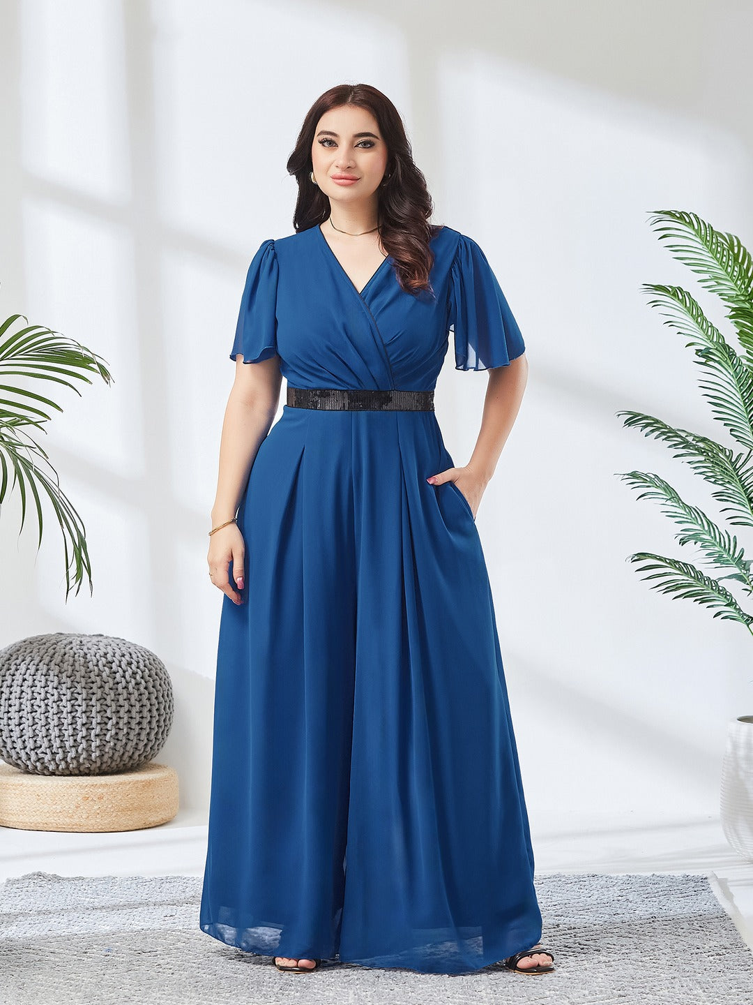 Royal Blue Solid Relaxed Fit Short Sleeve V-Neck Ankle-Length Straight Jumpsuit  for Women