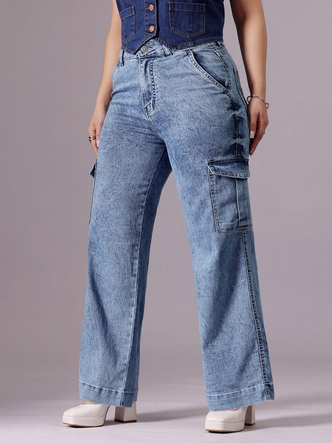 Light Blue Wide-Leg High-Rise Stretchable Flared Cargo Style Denim Jeans for Women
