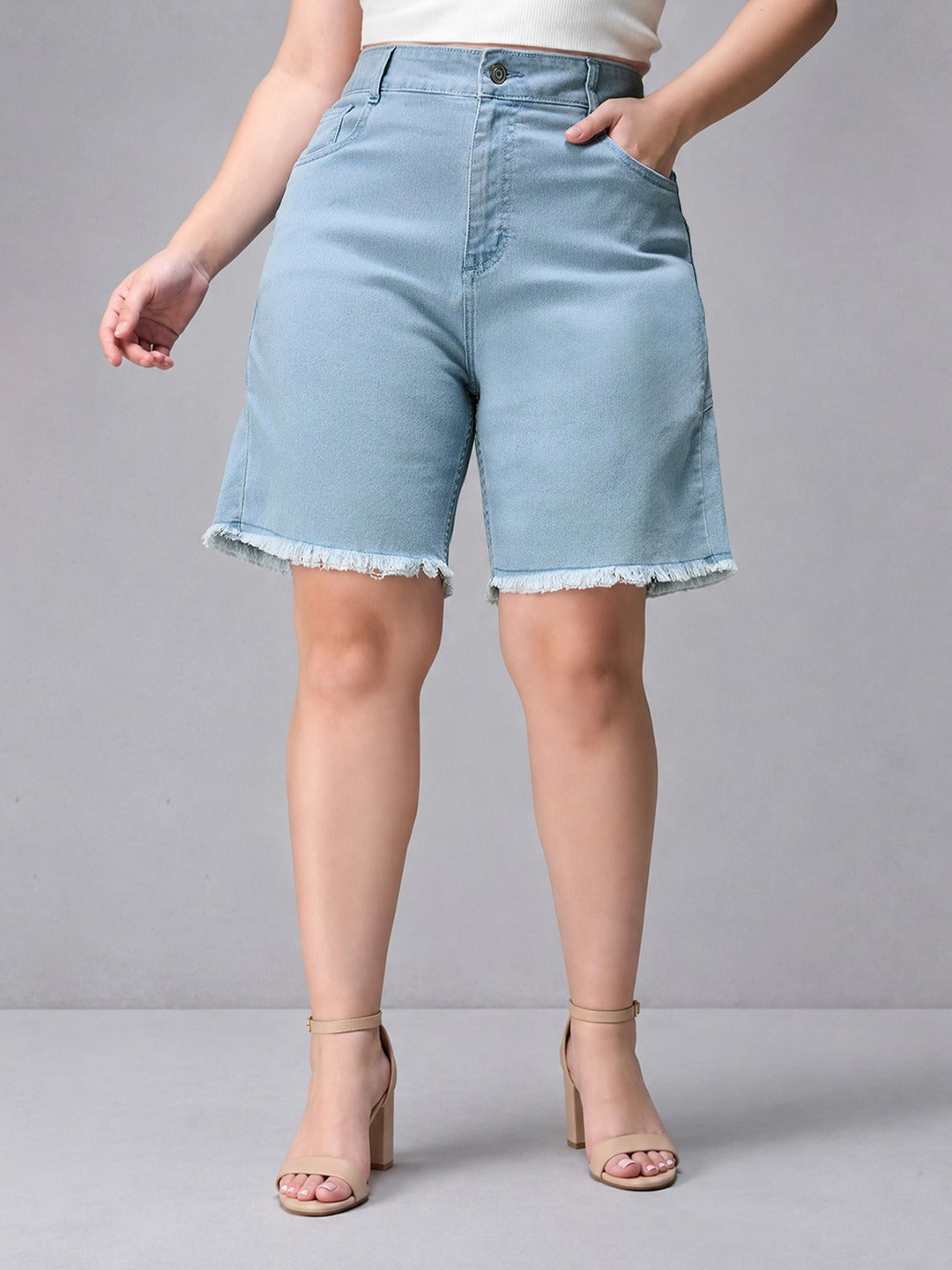 Light Blue Regular High Rise Above Knee Stretchable Denim Shorts for Women