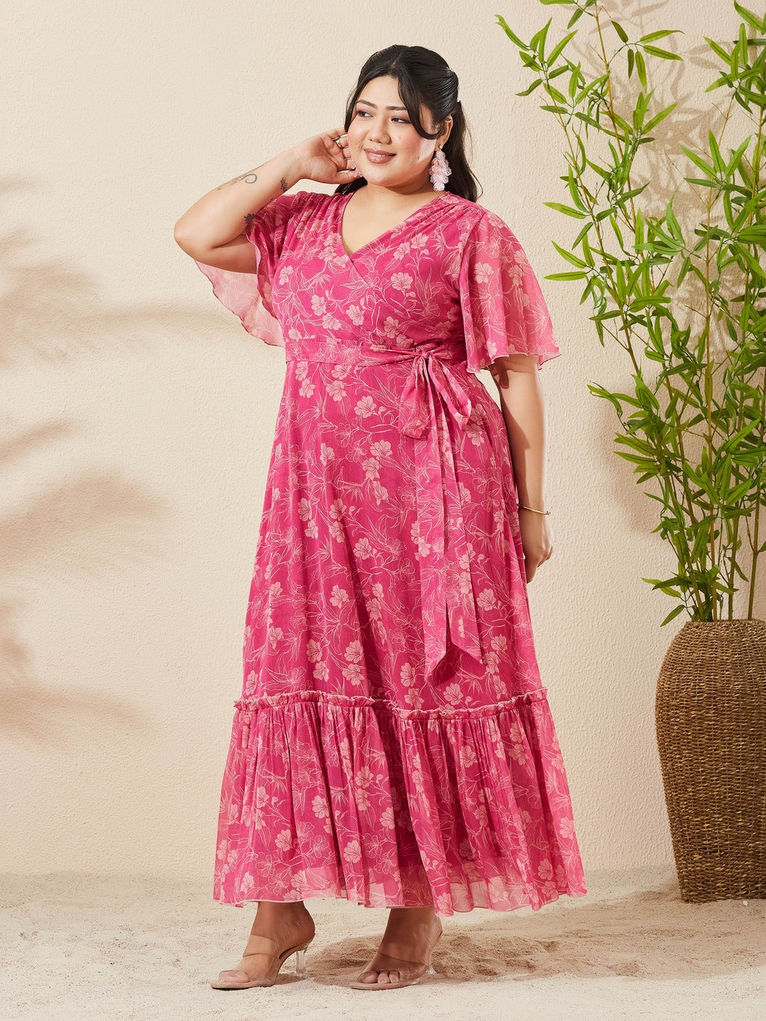 Pink Floral V-Neck Flared Sleeve Wrap Maxi Chiffon Dress for Women