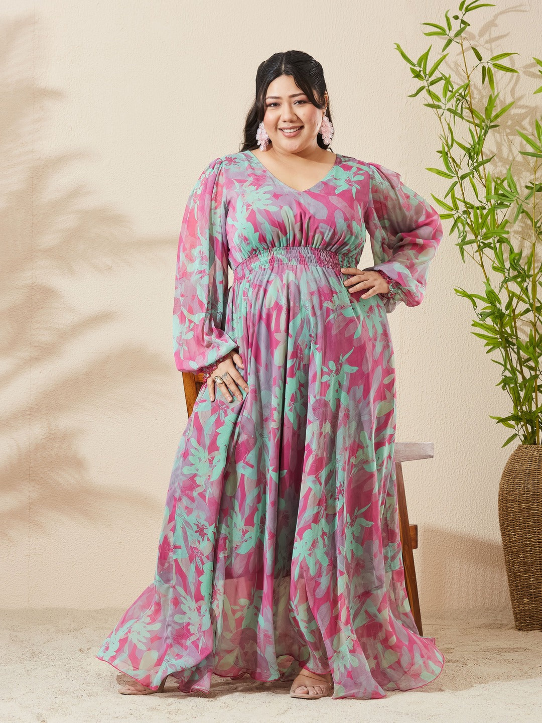 Pink & Mint Floral V-Neck Smocked Bishop Sleeve Maxi Chiffon Dress for Women