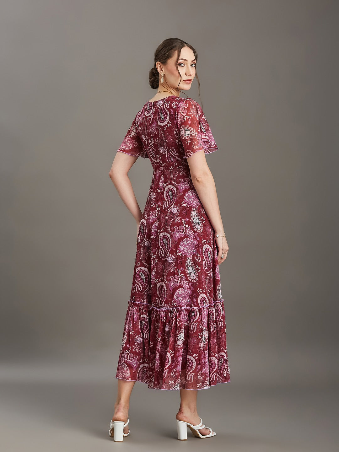 Wine V-Neck Half Sleeve Floral Wrap Maxi Chiffon Dress for Women