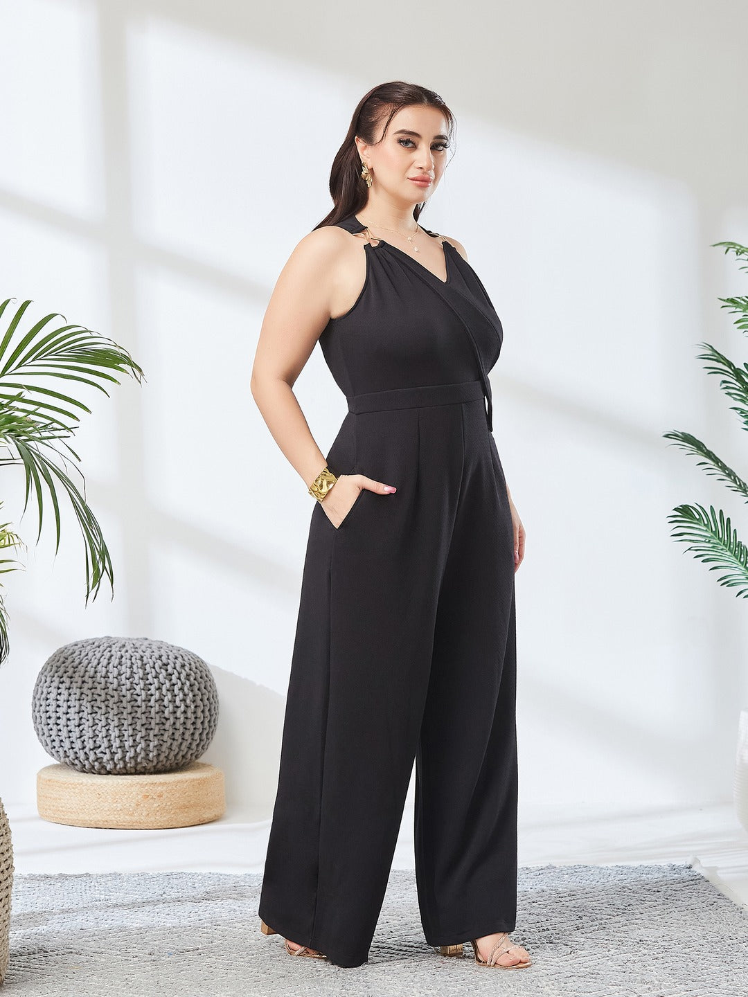 Black V-Neck Sleeveless Solid Wrap Regular Length Jumpsuit for Women