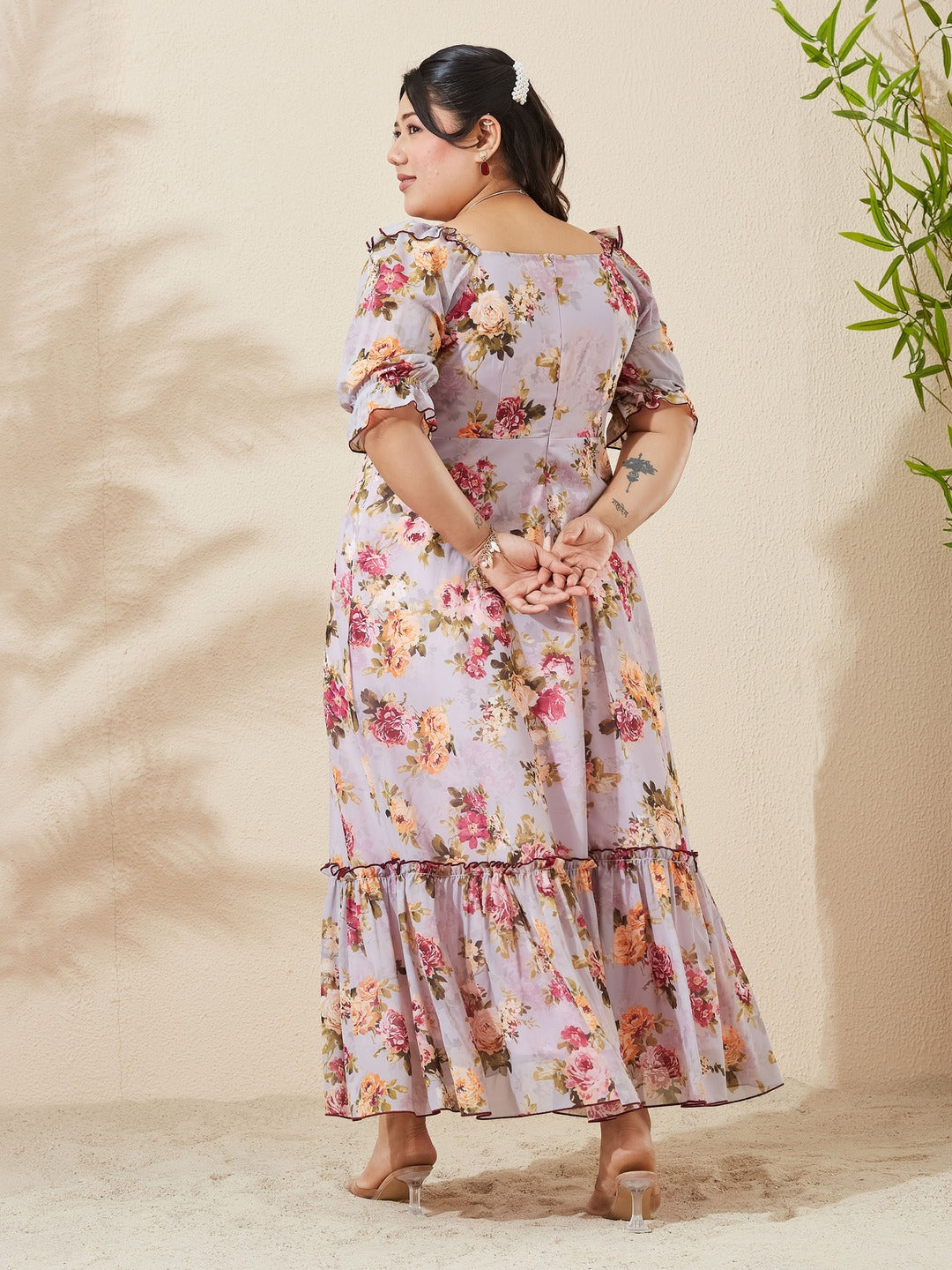 Light Grey Sweetheart Puff Sleeve Tiered Georgette Maxi Dress for Women