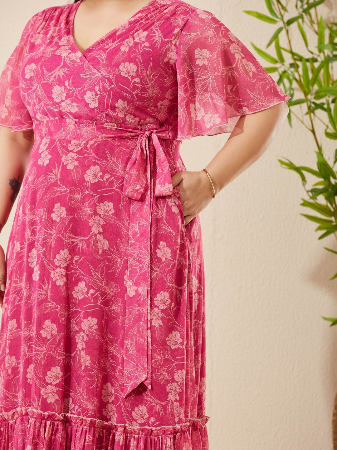 Pink Floral V-Neck Flared Sleeve Wrap Maxi Chiffon Dress for Women