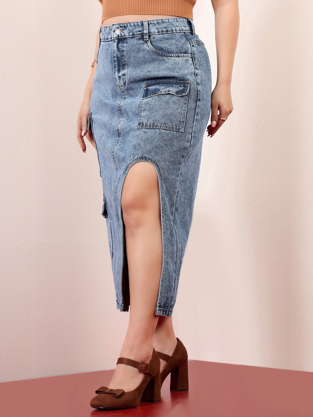 Blue Straight-Fit High-Rise Non-stretchable Denim Midi Skirt for Women