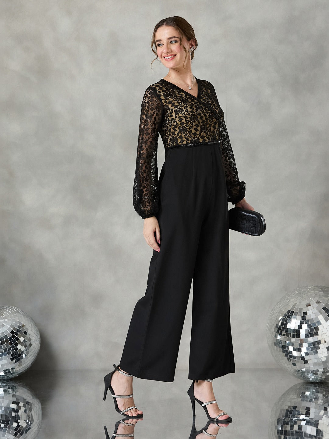 Black Self-Design Crepe V-Neck Jumpsuit with Balloon Sleeves and Lace Detailing for Women