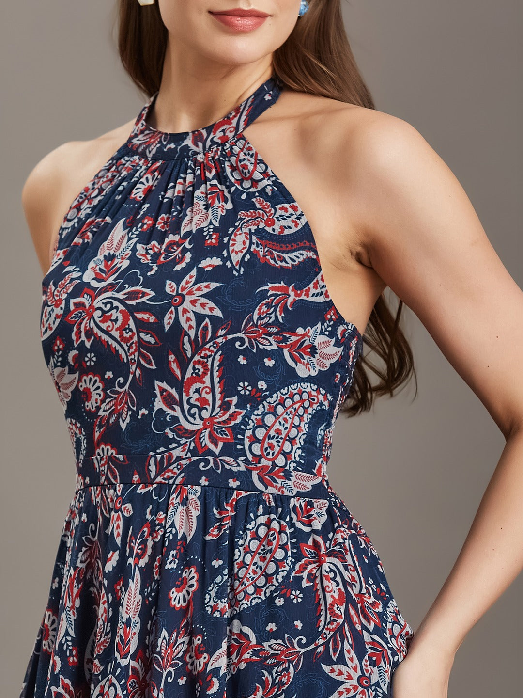 Navy Blue Tie-Up Sleeveless Abstract Fit & Flare Maxi Chiffon Dress for Women