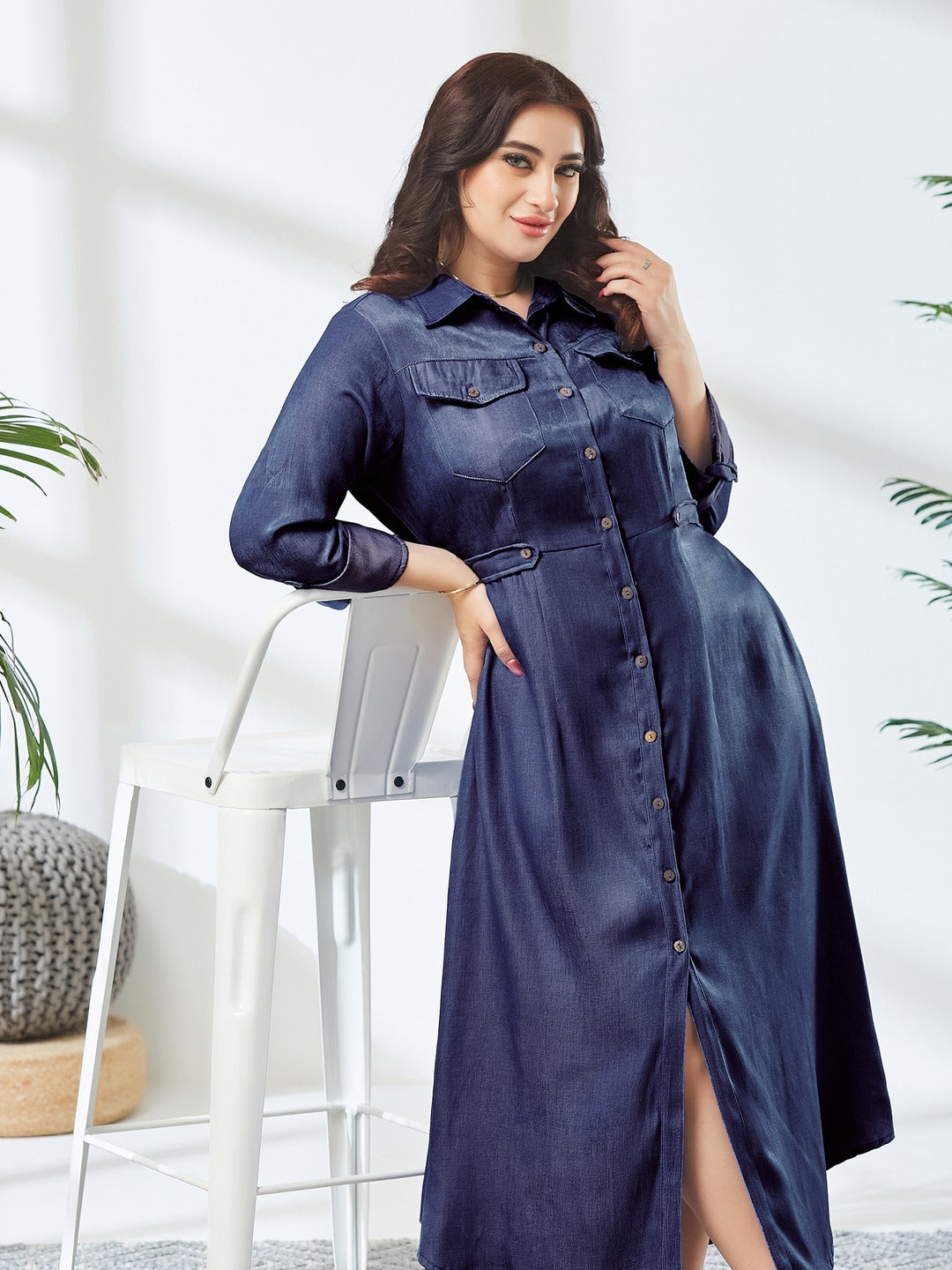 Blue Shirt Collar 3/4 Sleeve Solid Midi Polyester Shirt Dress for Women