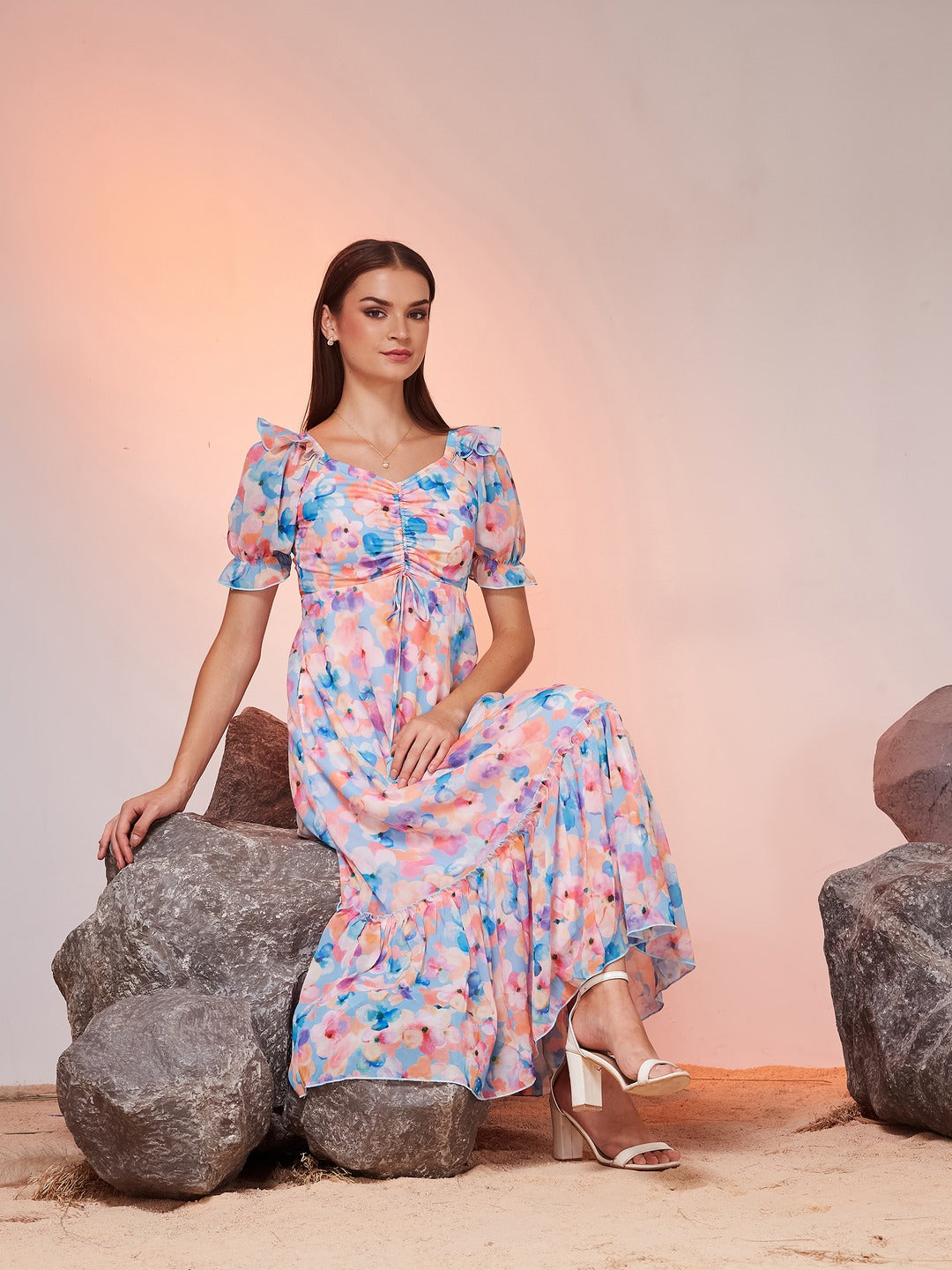 Sky Blue V-Neck Puff Sleeve Floral Ruching Ankle-Length Dress for Women