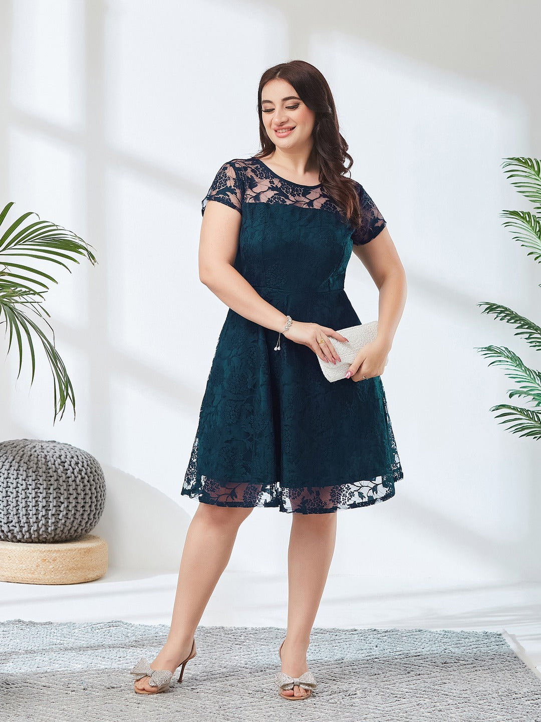 Teal Round Neck Cap Sleeve Self-Designed Skater Mini Dress for Women