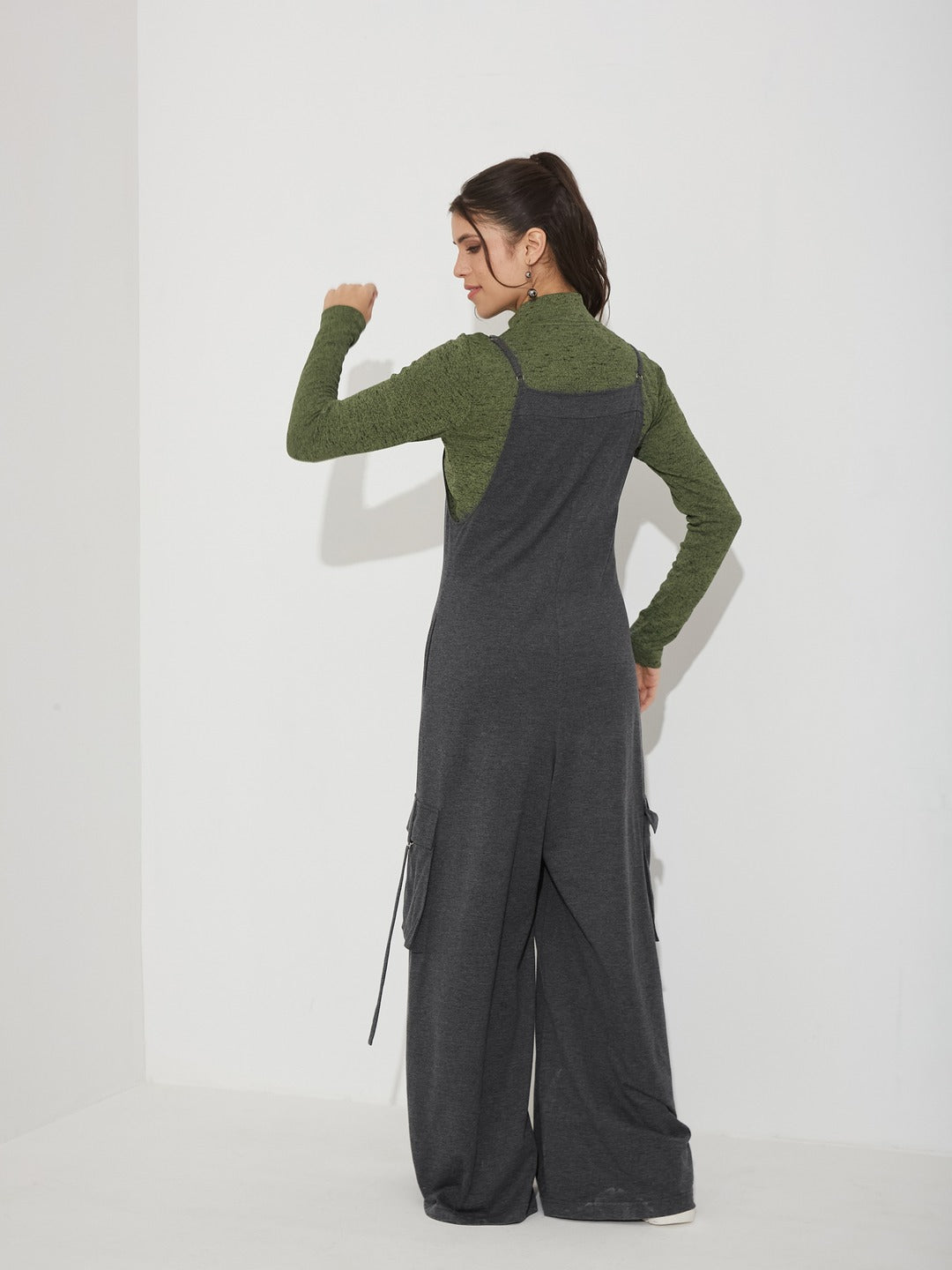 Charcoal Grey and Green Turtle Neck Full Sleeve Solid Regular Fit Cotton Dungaree Co-Ord Set for Women