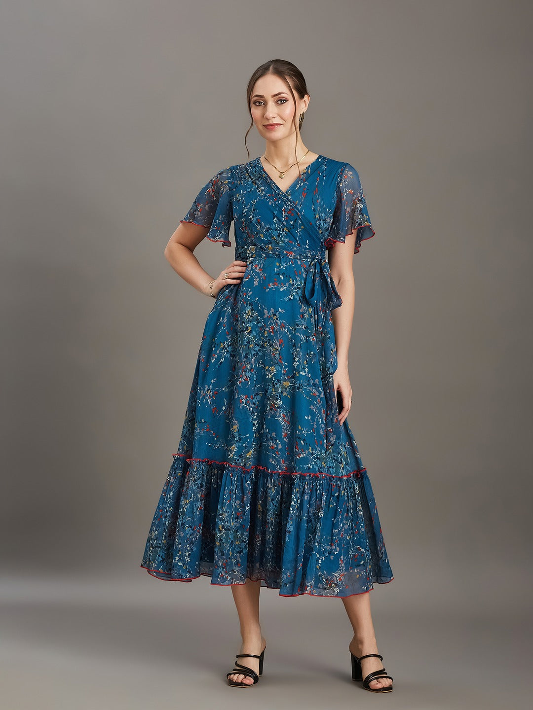 Multicolored Teal Floral V-Neck Flared Sleeve Wrap Chiffon Maxi Dress for Women