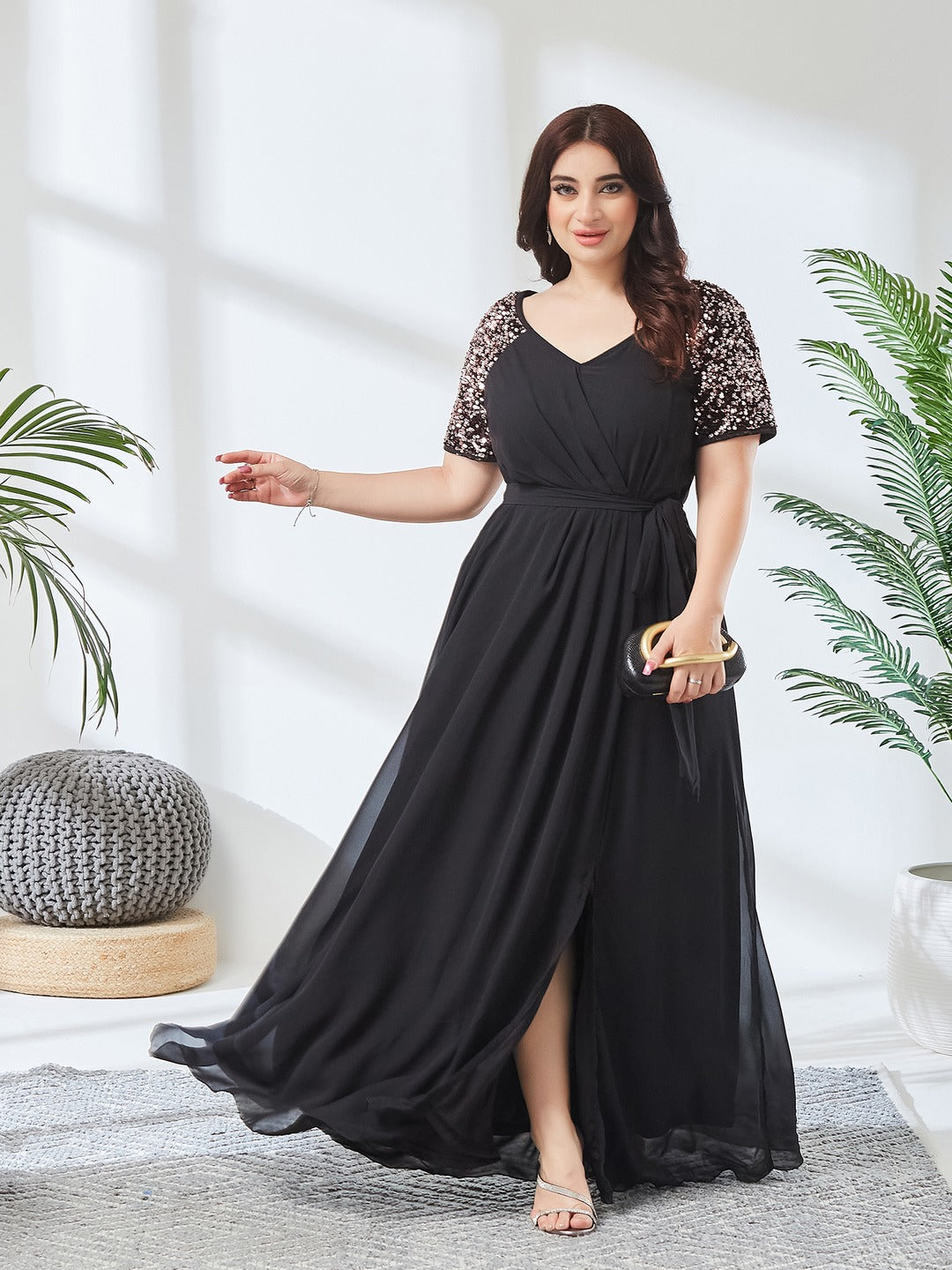 Black V-Neck Raglan Embellished Wrap & Tie-up Maxi Dress for Women