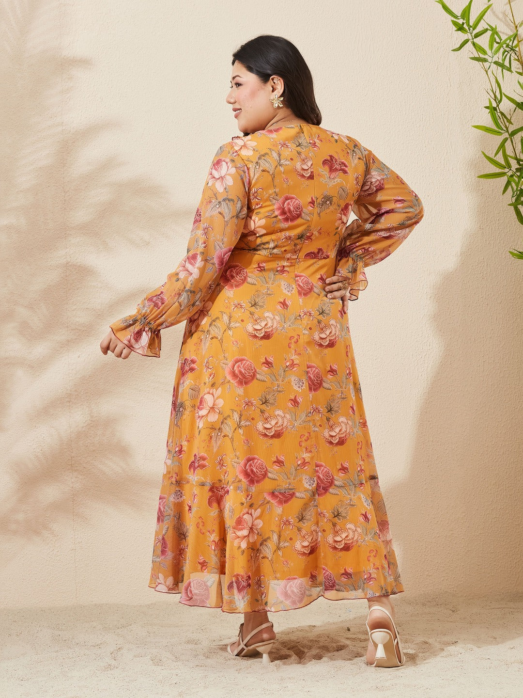 Mustard Bohemian Ruffled Tie-Up Midi Chiffon Dress for Women
