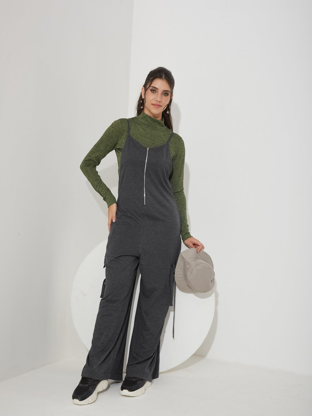 Charcoal Grey and Green Turtle Neck Full Sleeve Solid Regular Fit Cotton Dungaree Co-Ord Set for Women