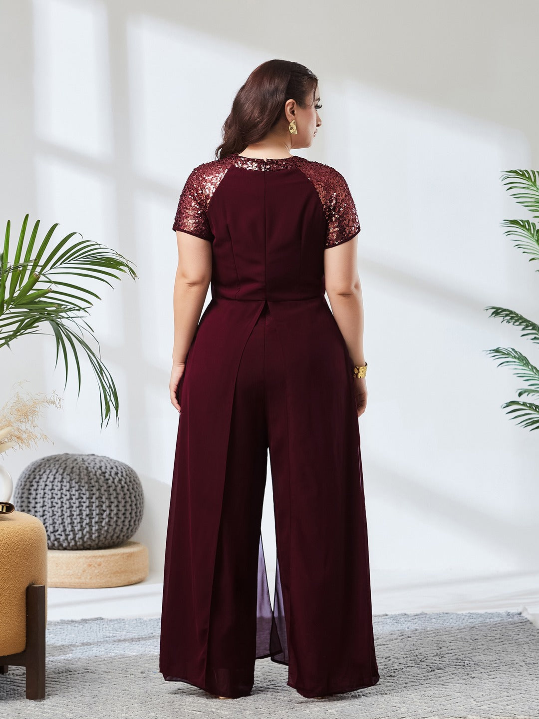 Wine Solid Regular Length Round Neck Raglan Short Sleeves Sequin Panel Layered Embellished Jumpsuit for Women