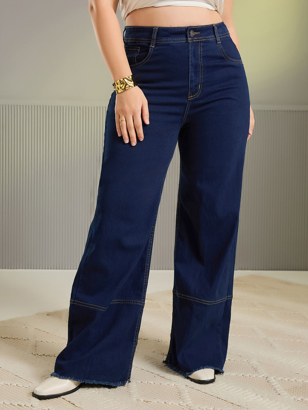 Blue Wide-Leg High-Rise Stretchable Patch-Pocketed Denim Jeans for Women