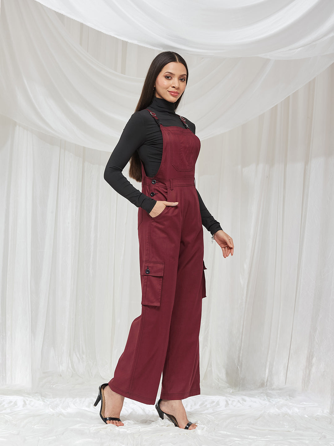 Maroon Square Neck Sleeveless Solid Full Length Cotton Dungaree for Women
