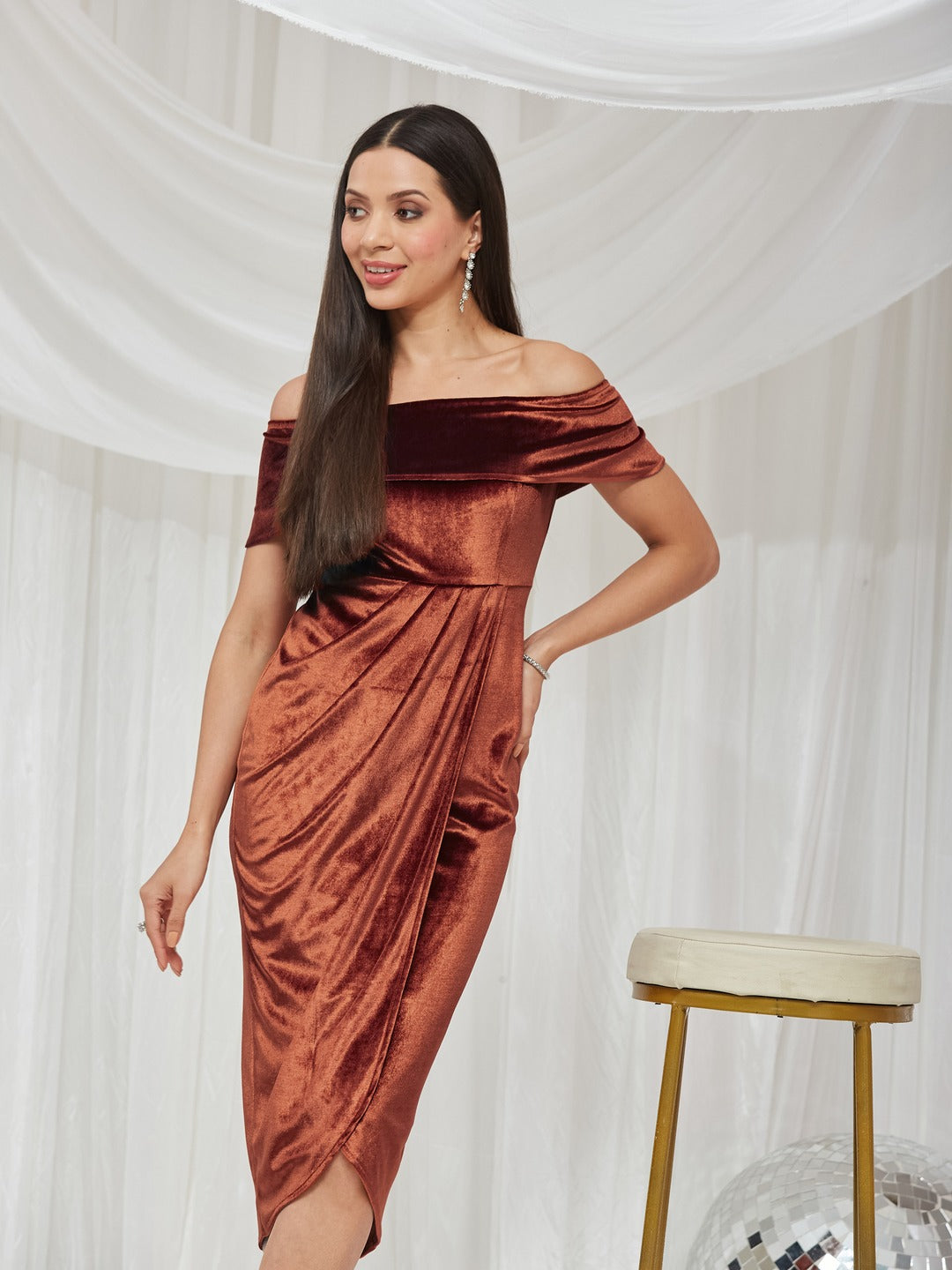 Rust Velvet Off-Shoulder Draped Knee-Length Dress with Tulip Hem for Women
