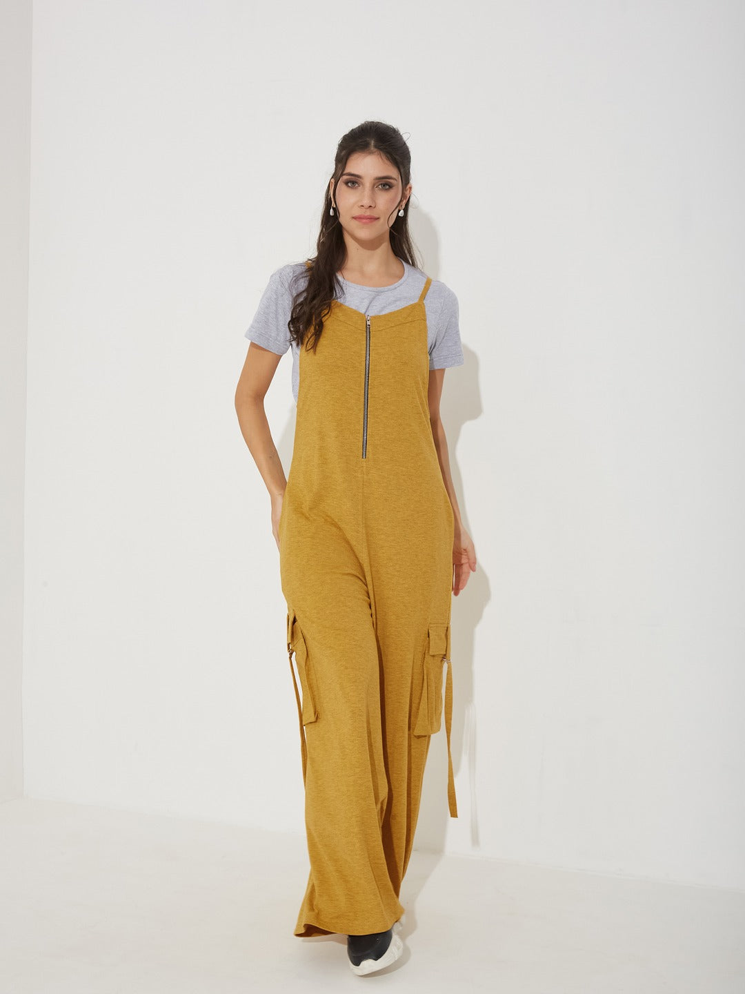 Gold and Grey Round Neck Half Sleeve Solid Regular Fit Cotton Dungaree Co-Ord Set for Women
