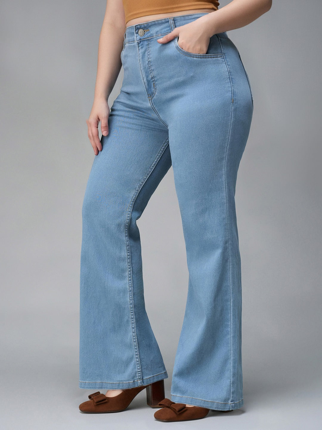 Light Blue Bootcut High rise Regular Stretchable Denim Jeans for Women