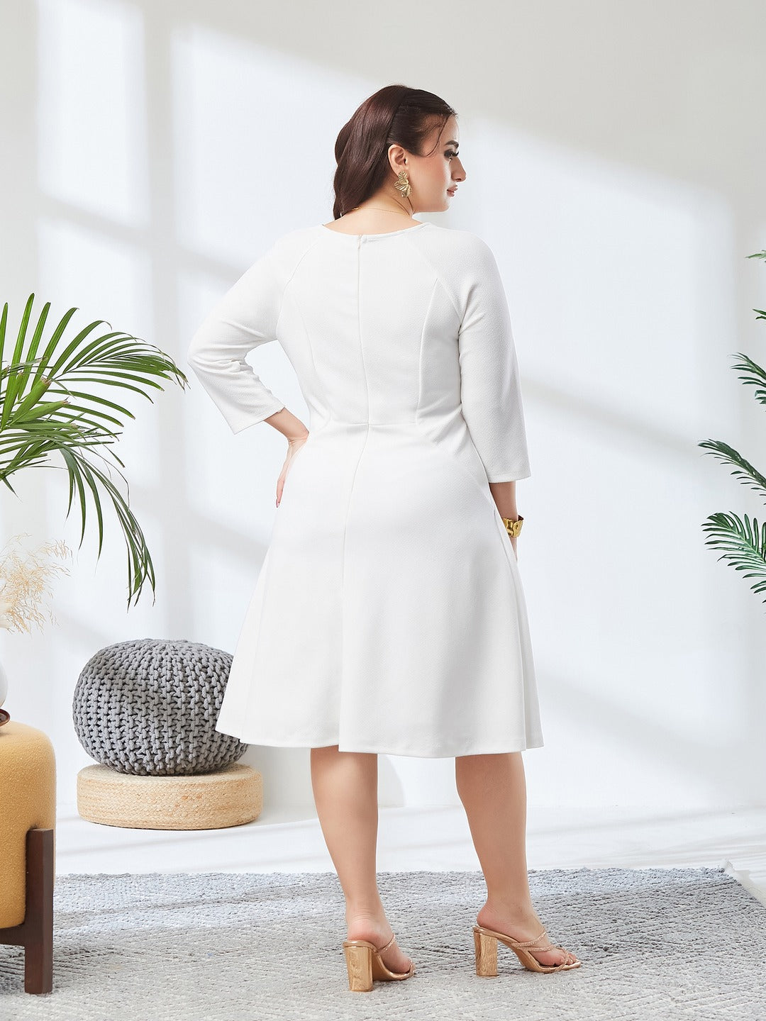 Off White Solid Square Neck Raglan Sleeves Side Pocketed Polyester Fit and Flare Knee-Length Dress for Women