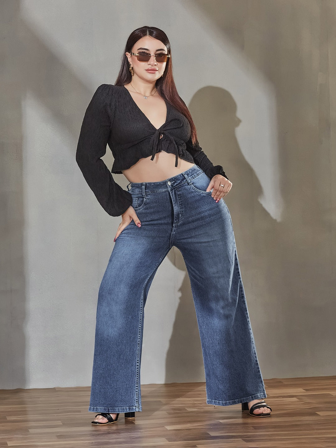 Light Blue Wide-Leg High Rise Regular Denim Pant for Women