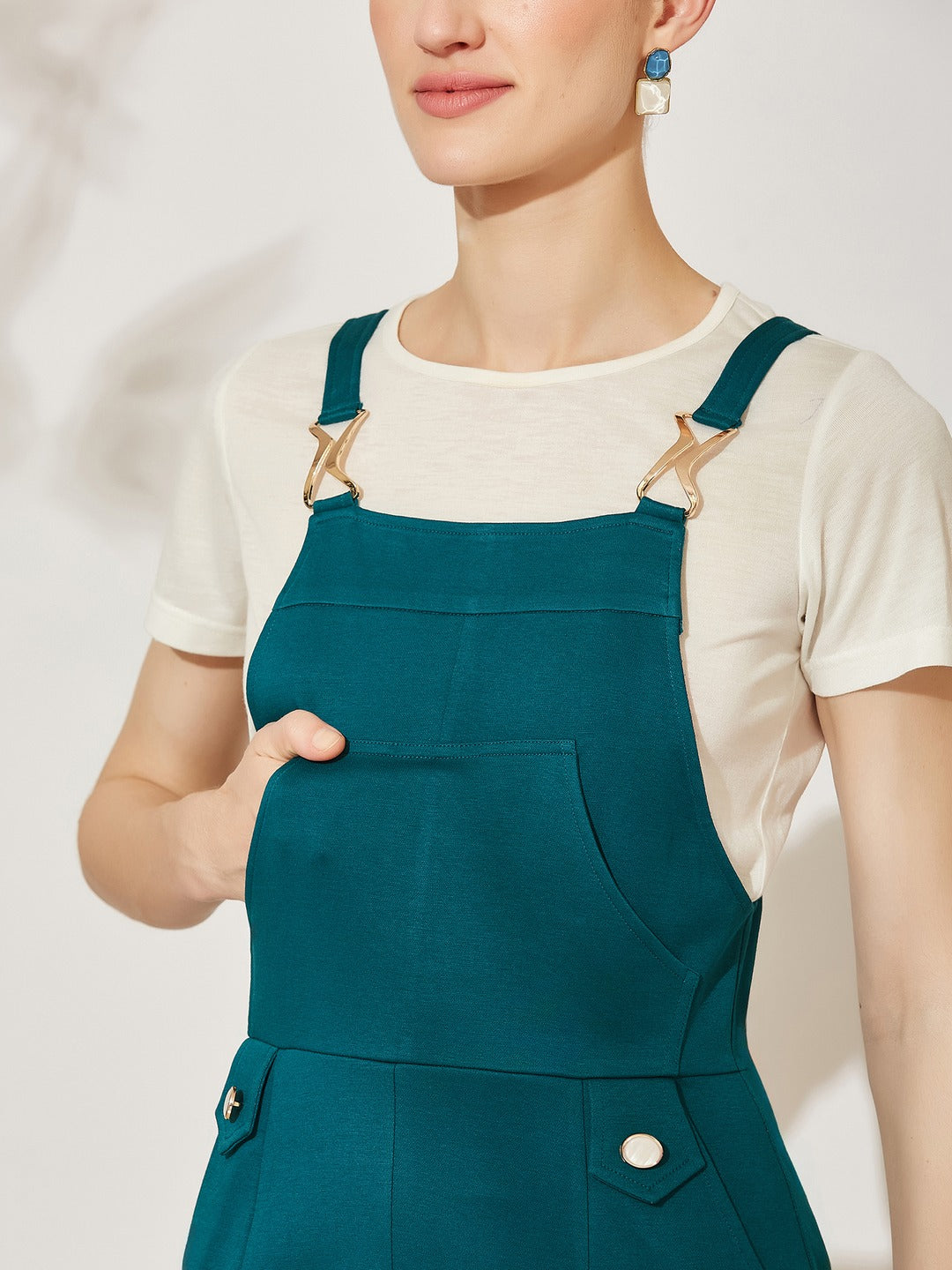 Turquoise Round Neck Half Sleeve Solid Pinafore Knee-Long Cotton Dress Co-Ord Set for Women