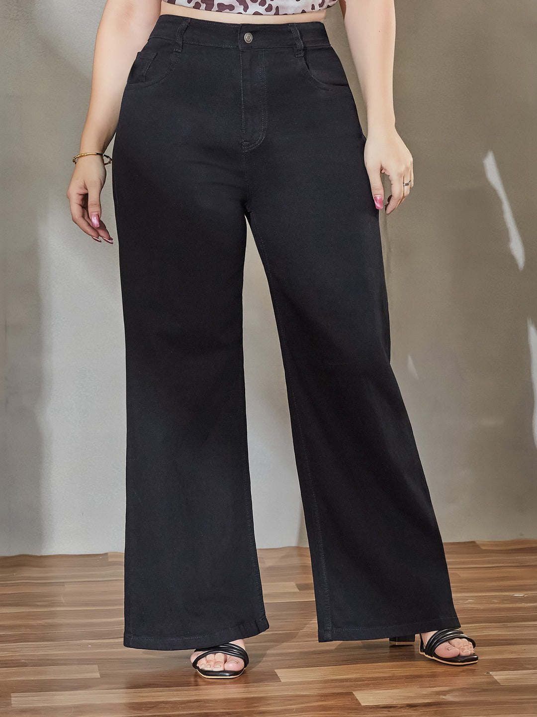 Black Wide Leg High Rise Stretchable Denim Jeans for Women