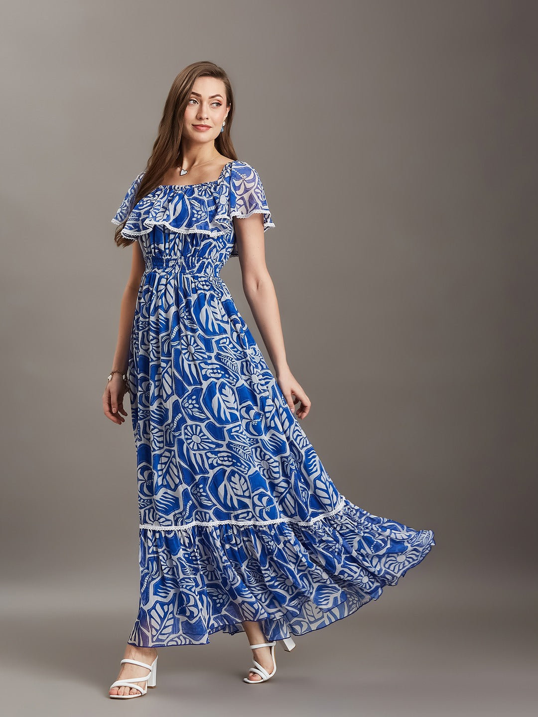 White And Blue Square Neck Cape Floral Tiered Maxi Chiffon Dress for Women