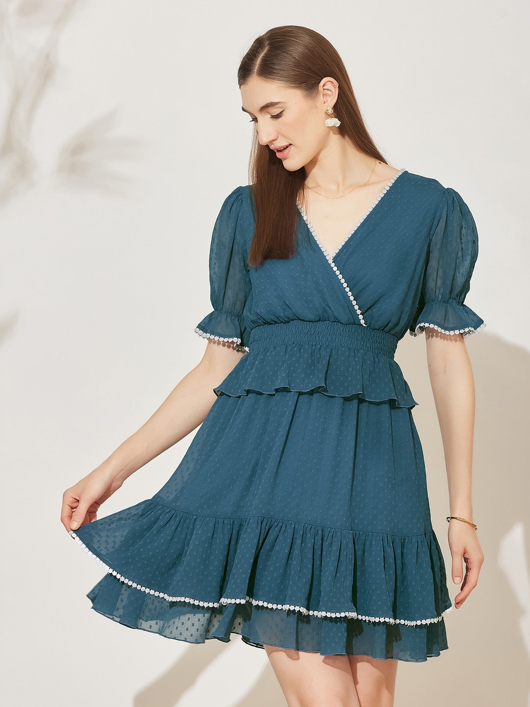 Azure Blue V-Neck Puff Self Design Tiered/ Layered/ Overlap Knee-Long Chiffon Dress for Women