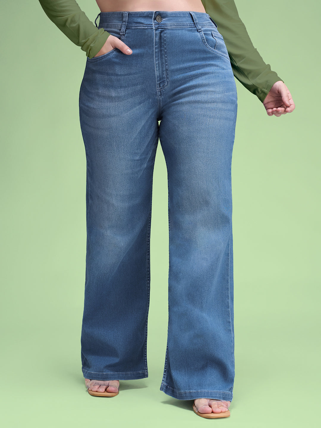 Light Blue Wide-Leg Mid Rise Blast Effect Light Weight Denim Jeans for Women