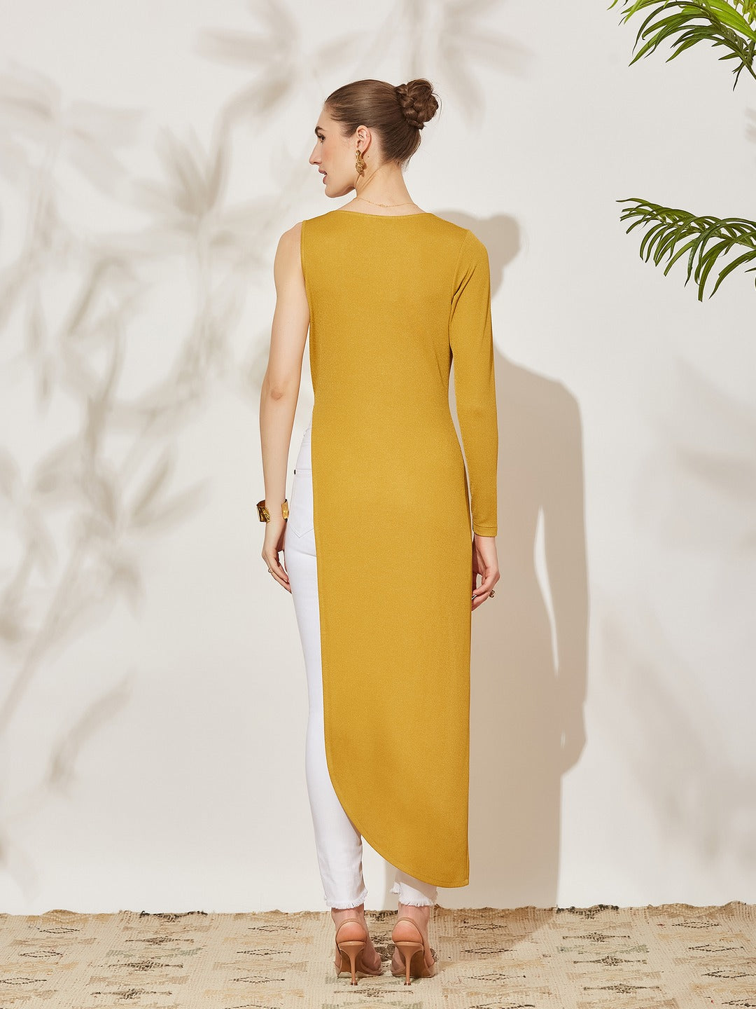 Golden Asymmetric Cowl Full Sleeve Solid Asymmetric Maxi Polyester Top for Women