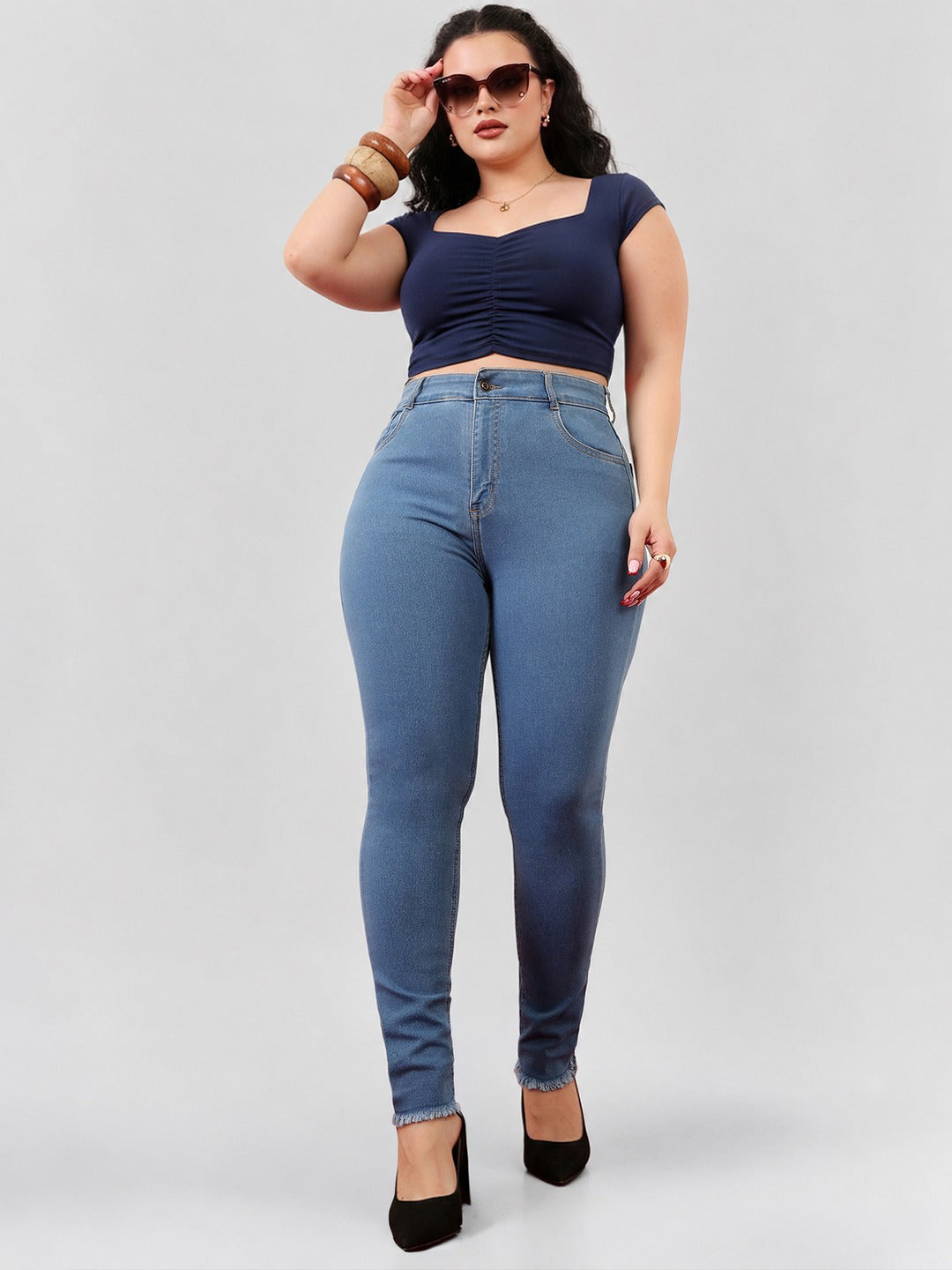 Blue Skinny High Rise Cropped Length Fringe Detailing Stretchable Denim Jeans for Women