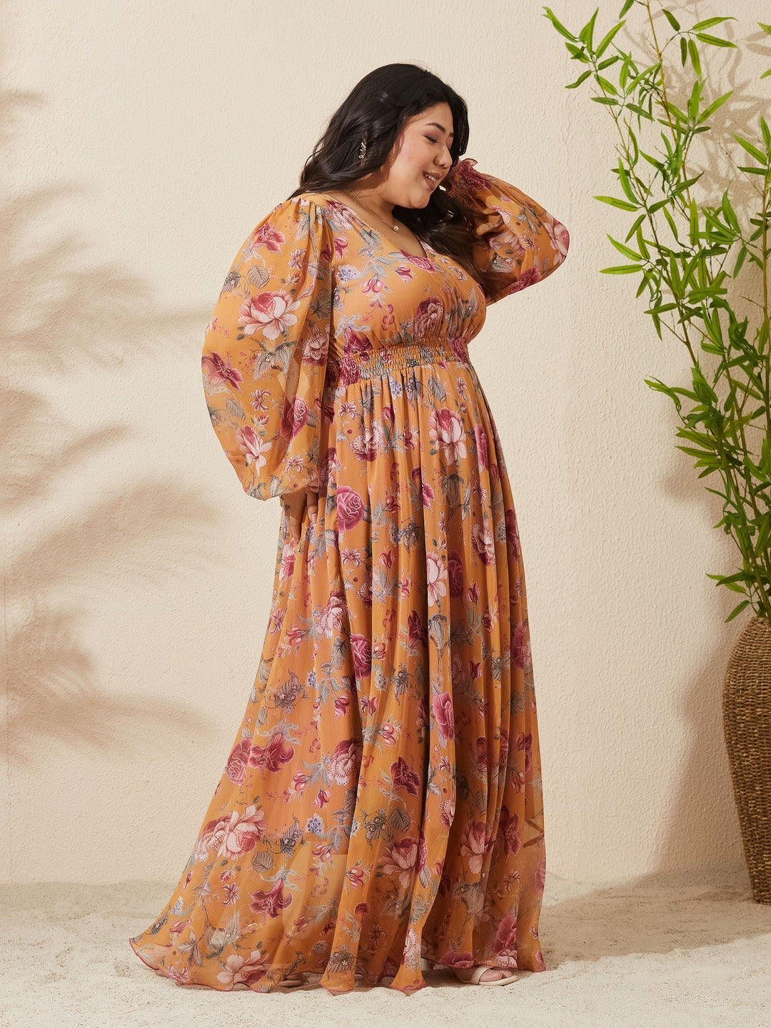 Mustard Floral V-Neck Bishop Sleeve Smocked Chiffon Maxi Dress for Women