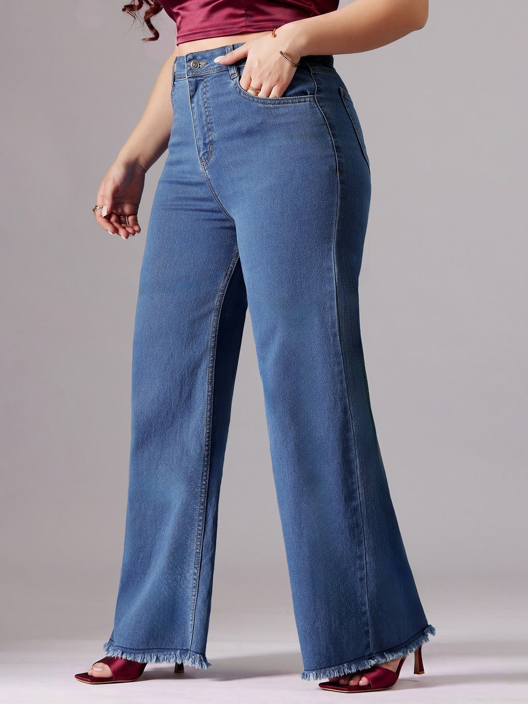 Mid Blue Wide-Leg High-Rise Stretchable Denim Jeans for Women