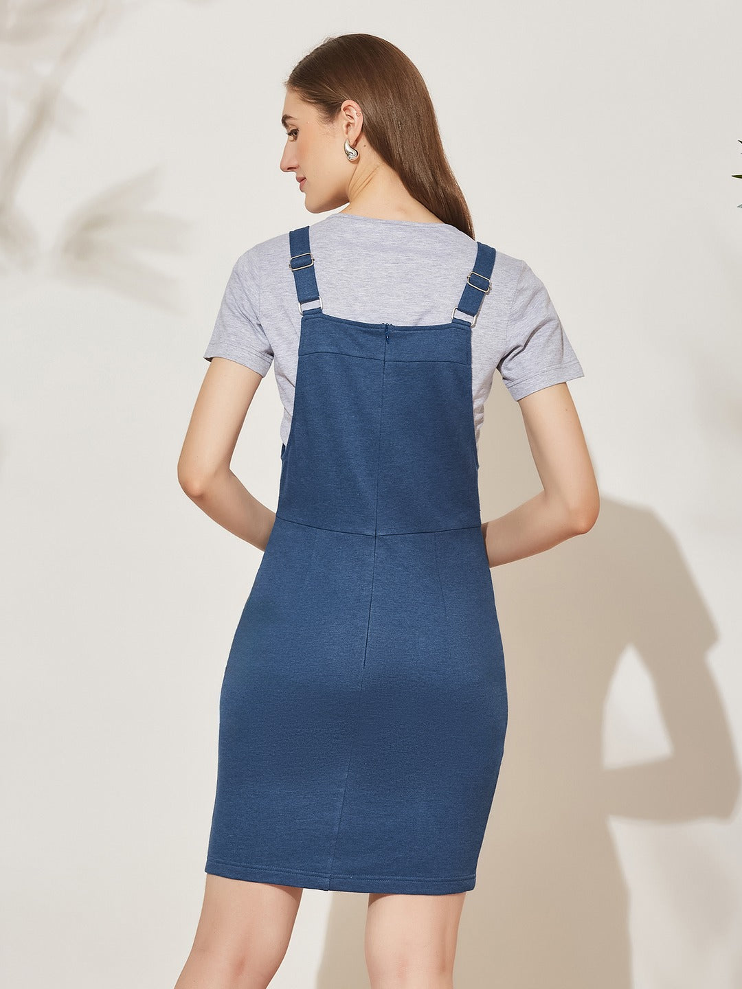 Airforce Blue Round Neck Half Sleeve Solid Pinafore Knee-Long Cotton Dress Co-Ord Set for Women
