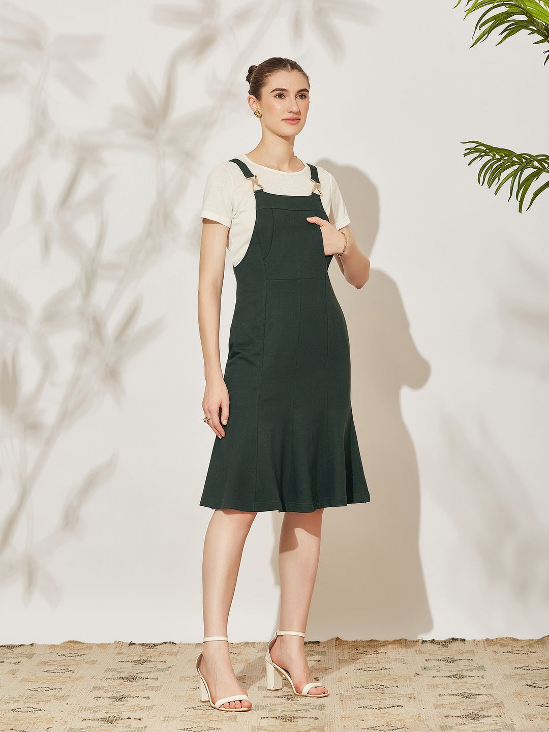 Bottle Green Round Neck Half Sleeve Solid Panneled/ Pinafore Knee-Long Polyester Dress Co-Ord Set for Women