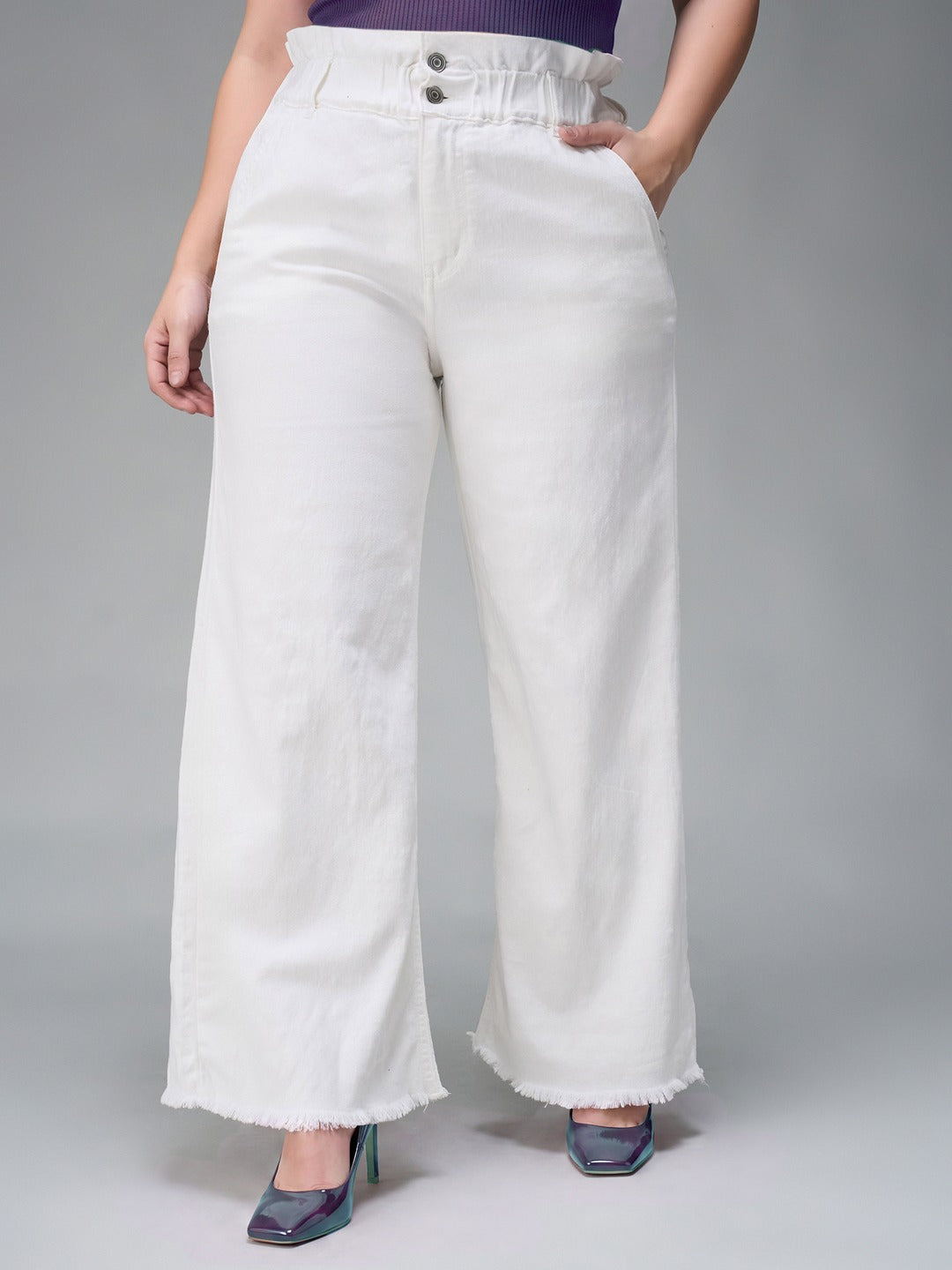 White Flared High Rise Ankle length Stretchable Denim Jeans for Women