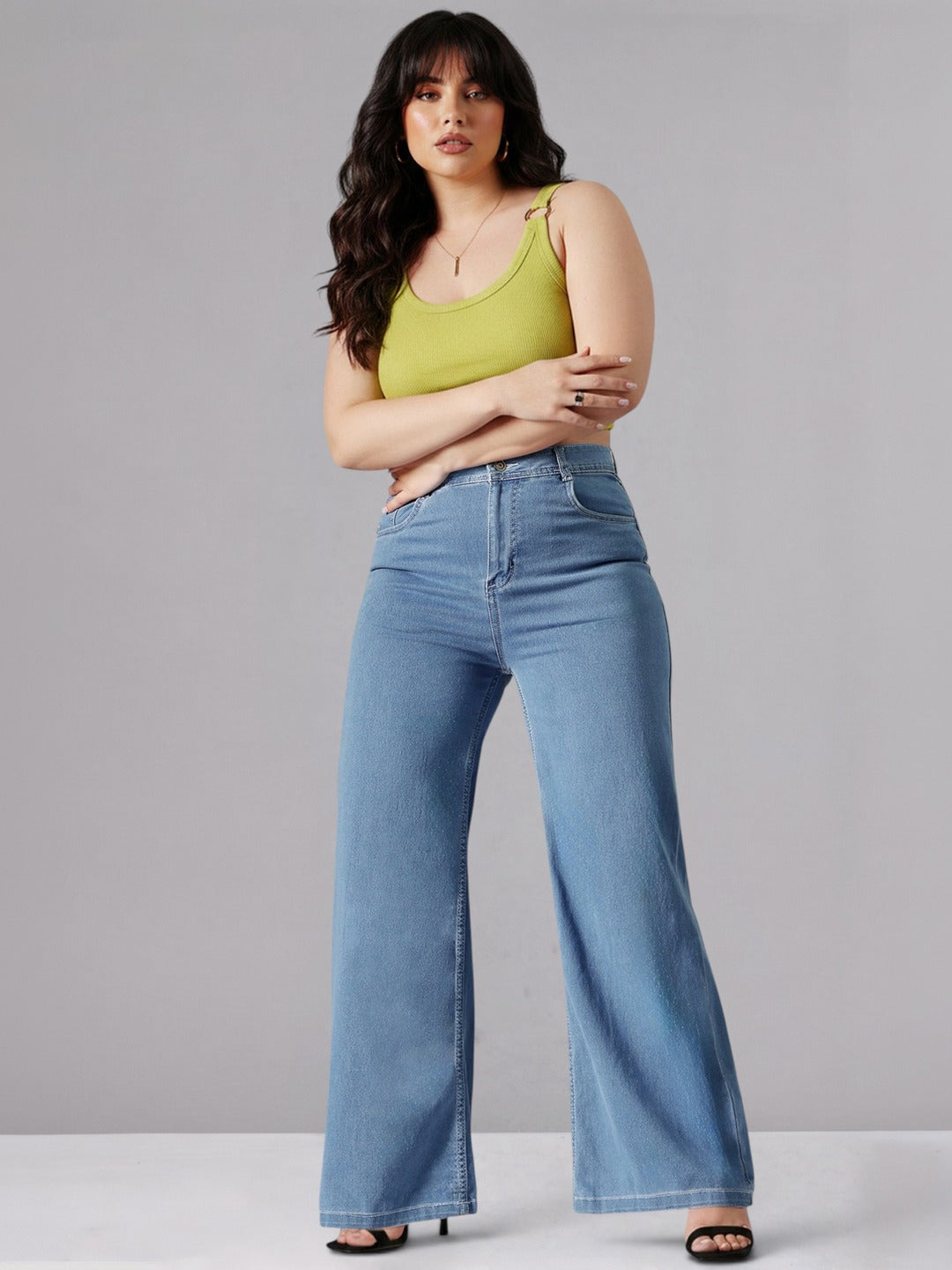 Blue Wide-Leg High-Rise Stretchable Denim Jeans for Women