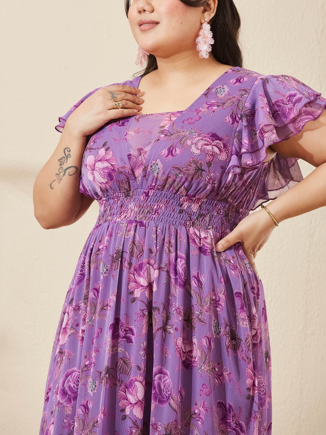 Lavender Tapered Square Neck Layered Ruffle Floral Ruffled Maxi Chiffon Dress for Women