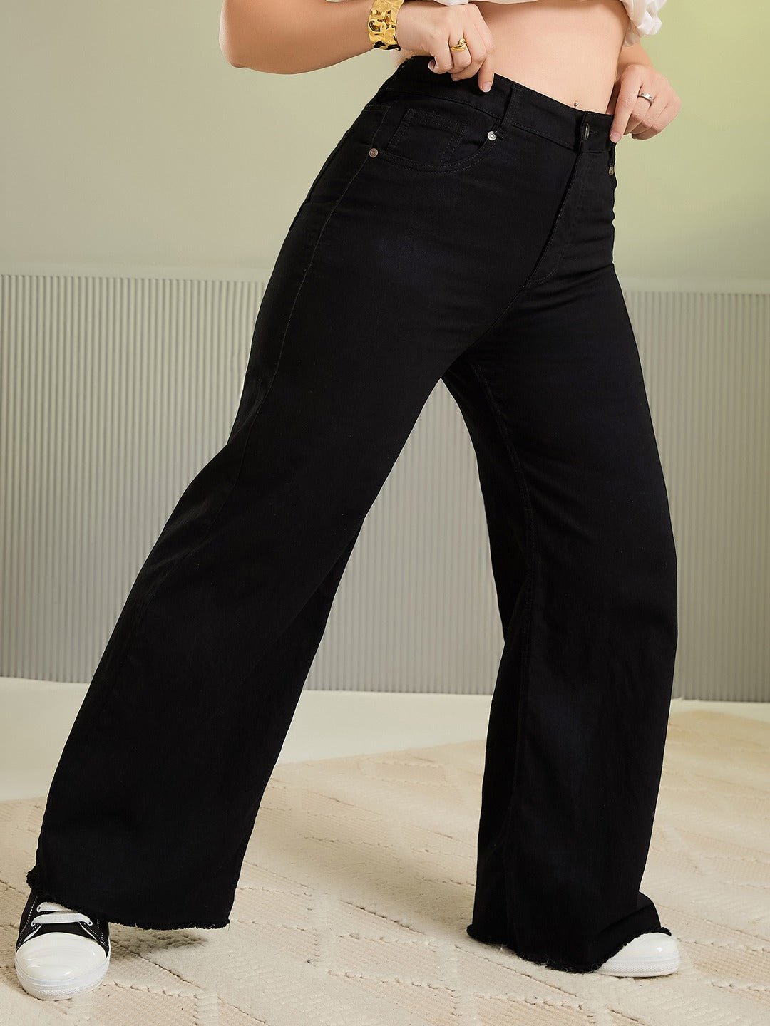 Black High Rise Stretchable Wide Leg Denim Jeans for Women