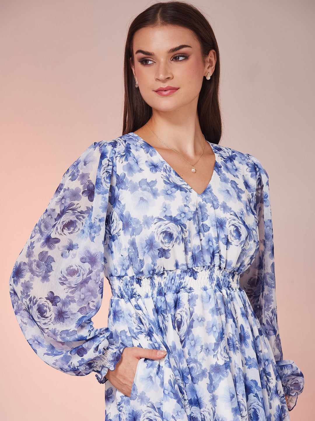 White V-Neck Full Sleeve Floral Gathered Chiffon Maxi Dress for Women