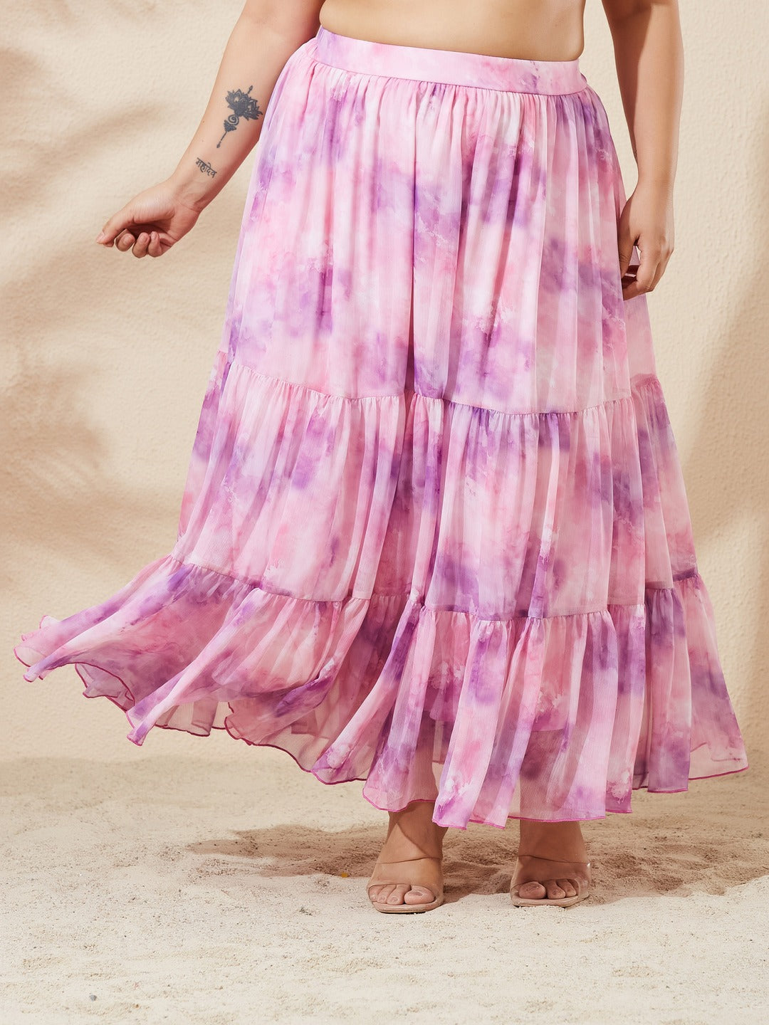 Pink and Lavender Sweetheart Neck Bishop Sleeve Floral Fit & Flare Maxi Chiffon Co-Ord Set for Women