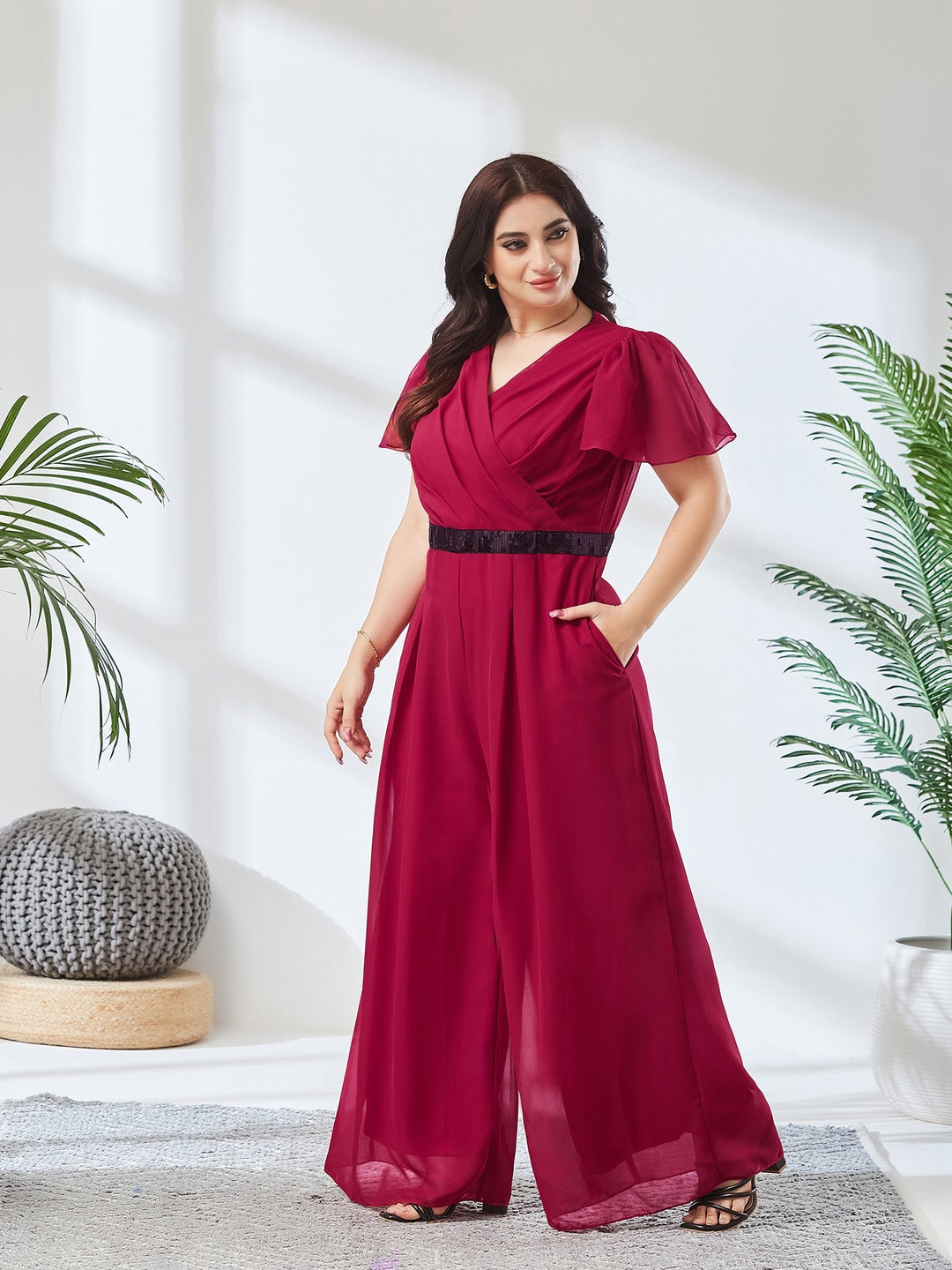 Pink Solid Relaxed Fit Short Sleeve V-Neck Ankle-Length Straight Jumpsuit  for Women
