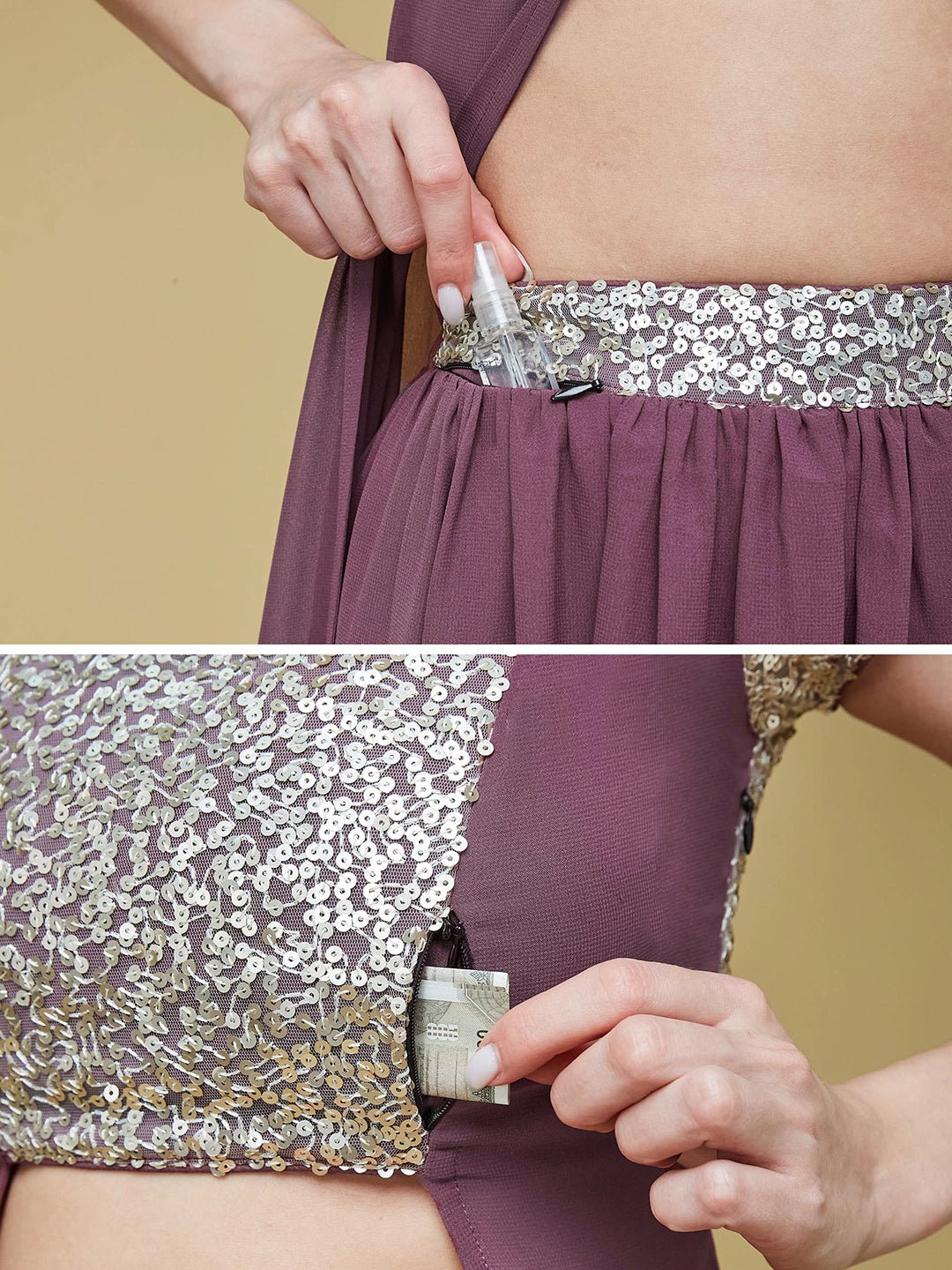 Mauve Embellished Square Neck Short Sleeves Waist Band Pocketed Tiered Maxi Co-Ord Set for Women